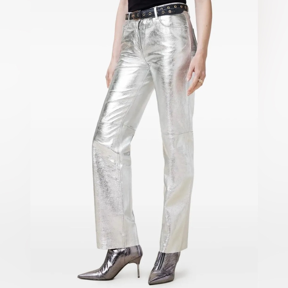 All Saints Sheepskin Leather Silver Straight Leg Pants